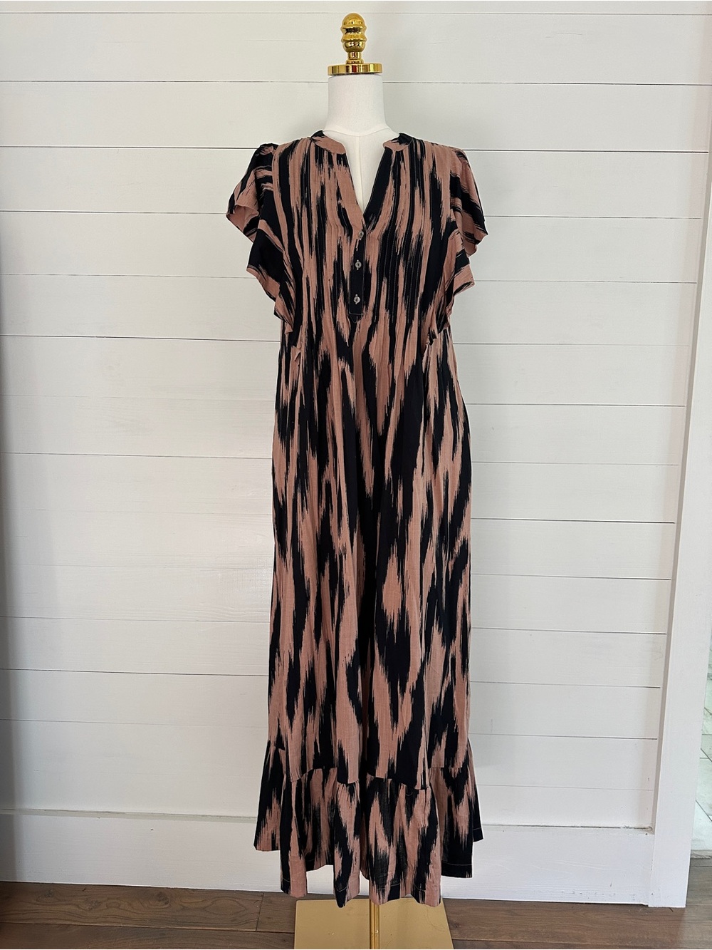 Anthropologie Maeve Women’s Tan and Black Ikat Printed Maxi Dress